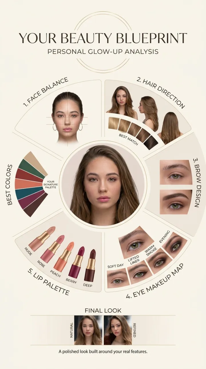 Radial beauty analysis card with a signature color palette