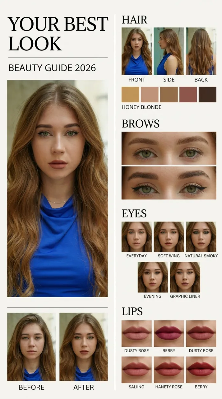 Editorial beauty analysis card showing hairstyle recommendations
