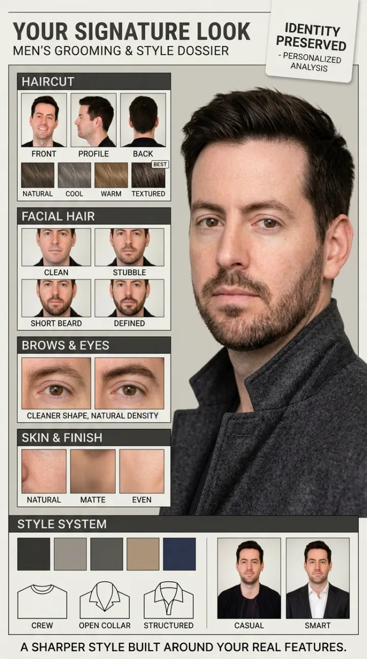 Men's grooming and style card with casual and smart outfit comparison