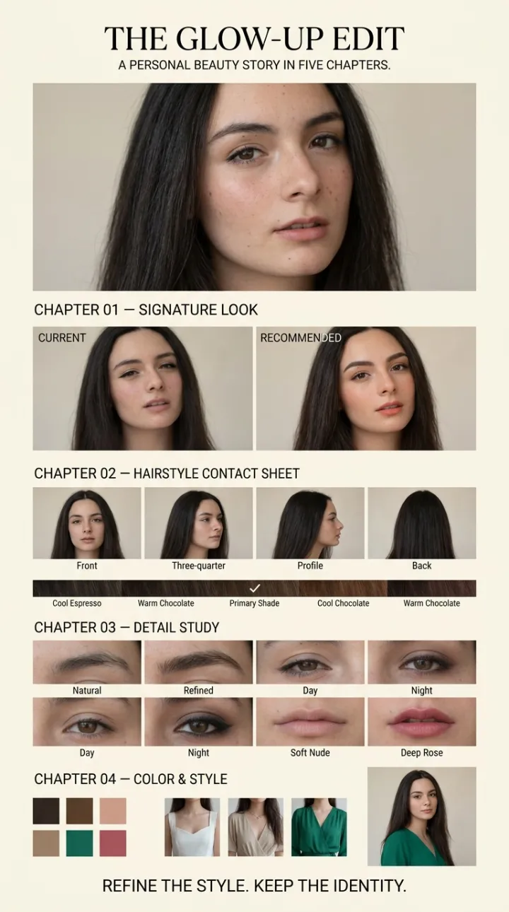 Chaptered before and after beauty storyboard card, THE GLOW-UP EDIT